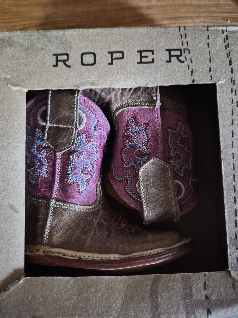 Roper Brown and Pink Kids Western Boots with Blue Embroidery